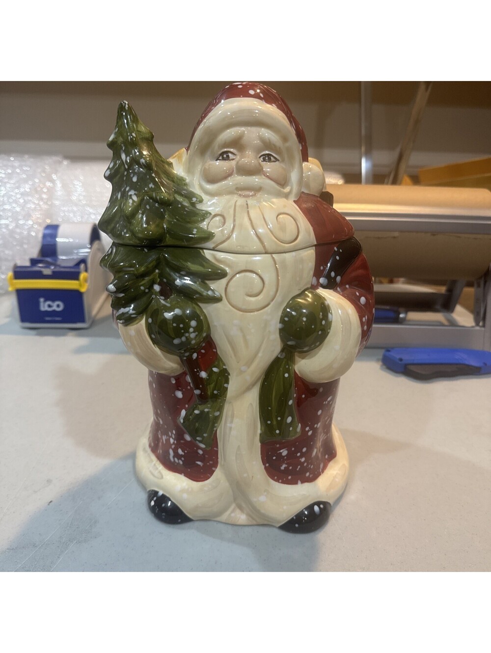 VINTAGE "HOME" OLD WORLD SANTA COOKIE JAR 13" WINTER WONDERLAND HAND PAINTED